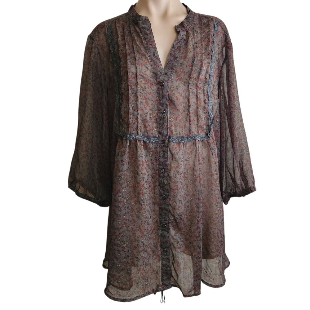 Fashion Bug Loop 18 Boho Blouse Sz 21/23 Sheer Paisley Floral Up Lace Tie Back